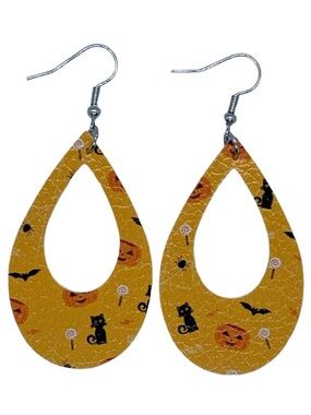 Faux Leather Teardrop Dangle Earrings Halloween Cats Fashion Jewelry